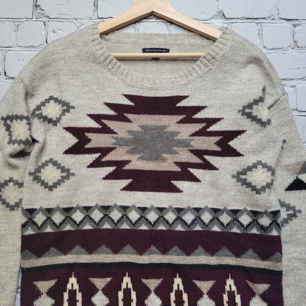 AEO American‎ Eagle Outfitters Wool Blend Brown Tribal Pattern Knit Sweater Sz S - Picture 2 of 12